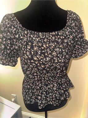 Pink Rose Black Floral Peplum Blouse with Puff Sleeves